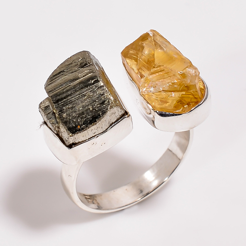Natural Citrine Pyrite Raw Gemstone Women's Silver Adjustable Ring