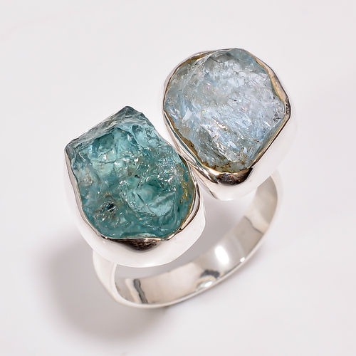 925 Sterling Silver Aquamarine Sky Apatite Rough Gemstone Ring