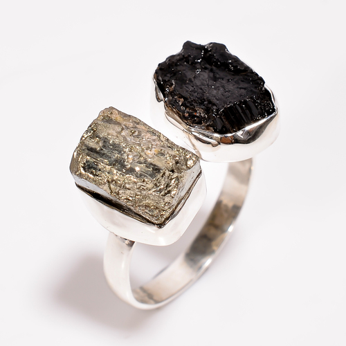 Black Tourmaline Pyrite Raw Gemstone 925 Sterling Silver Adjustable Ring