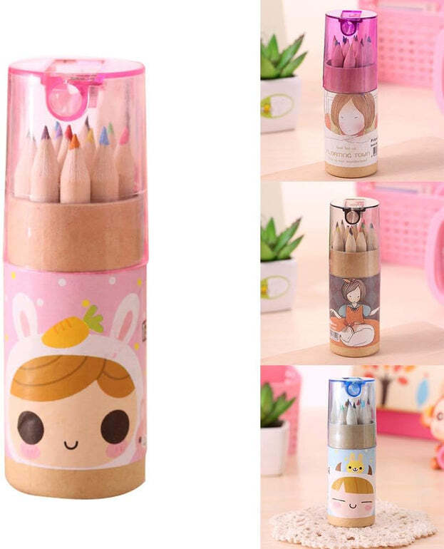 12 COLOURING PENCILS KIDS SET PENCILS SHARPENER MINI DRAWING COLORED PENCILS WITH SHARPENER (7957)