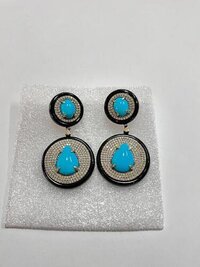 Arizona Turquoise With Diamond And Black Onyx Earrings With Gold And Silver - Shape: Checkerboard