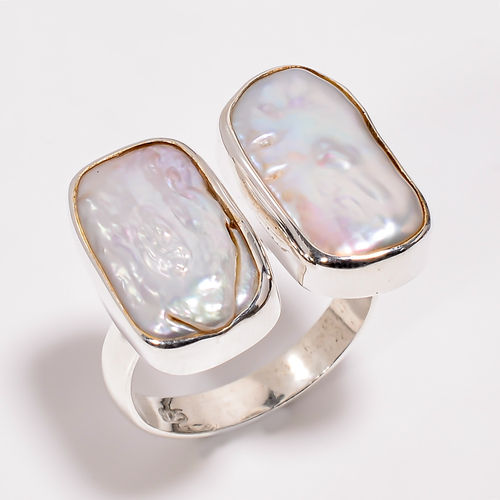 Silver Two Stone Pearl Adjustable Rings For Gift