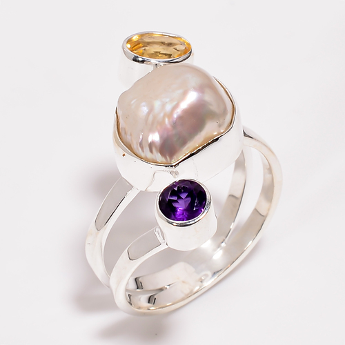 Baroque Pearl With Cut Gemstone 925 Sterling Silver Ring
