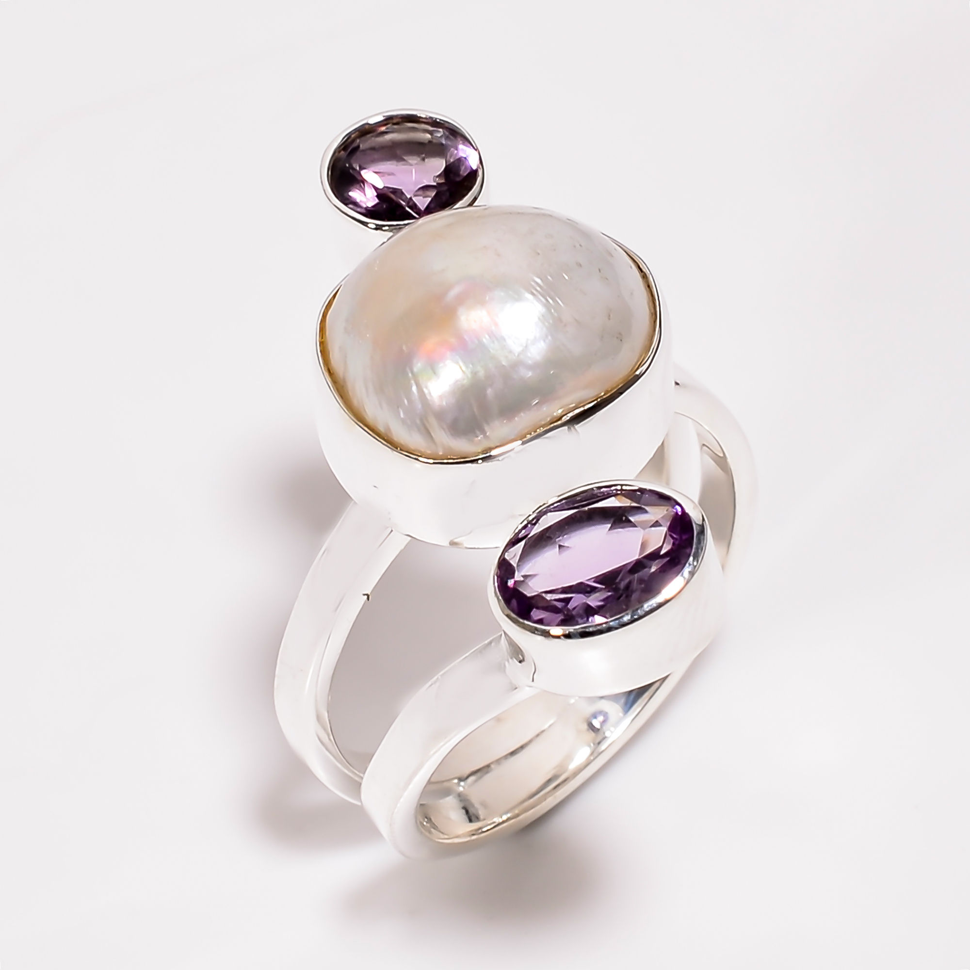 Baroque Pearl With Cut Gemstone 925 Sterling Silver Ring