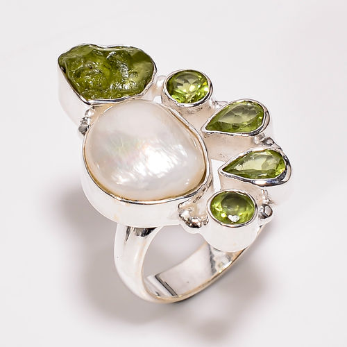 925 Sterling Silver Ring Baroque Pearl Peridot Gemstone Ring Size