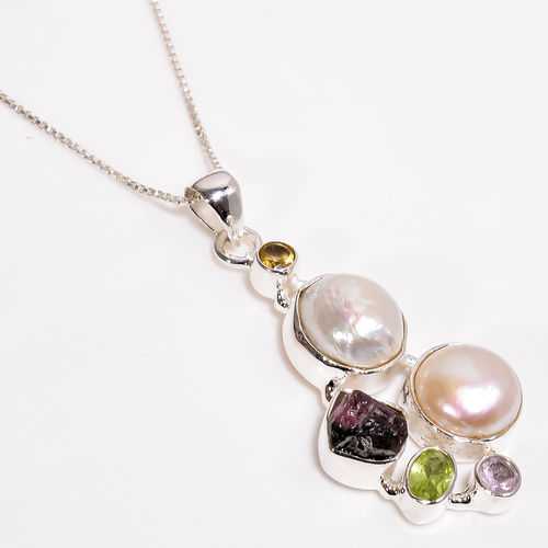 Multi Gemstone 925 Sterling Silver Pendant With Box Chain