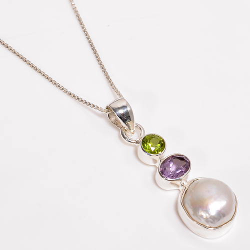 Three Stone Pendant With Box Chain 925 Sterling Silver