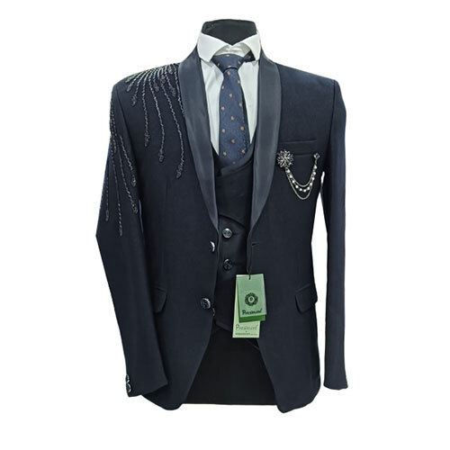 Multi Coloured Mens Black Plain Five Piece Designer Suit