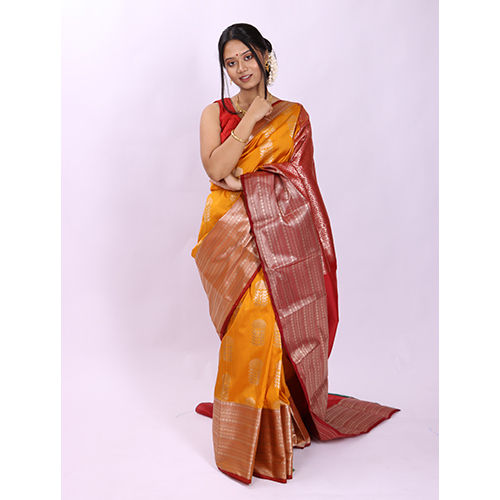 Party Wear Yellow Red Kanjivaram Silk Saree