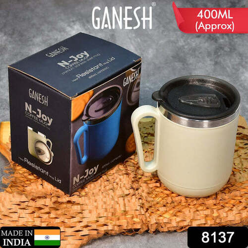 GANESH PREMIUM STAINLESS STEEL COFFEE MUG WITH HEAT RESISTANT MUG LID APPROX 400ML MUG (8137)