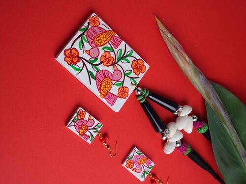 Flower Wooden Handmade Nacklace With Earrings