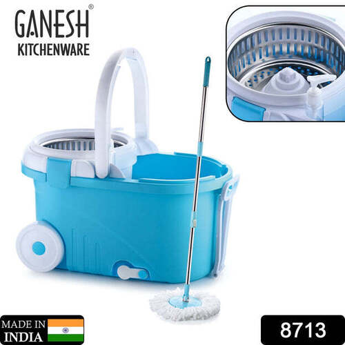 Ganesh Prime Plus Steel Spinner Bucket Mop 360 Degree Self Spin Wringing With 2 Absorbers For Home And Office Floor Cleaning Mops Set (8713)