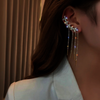 Gold Electroplated Rhinrstone Studded Tassel Earbone Clip Long Earrings