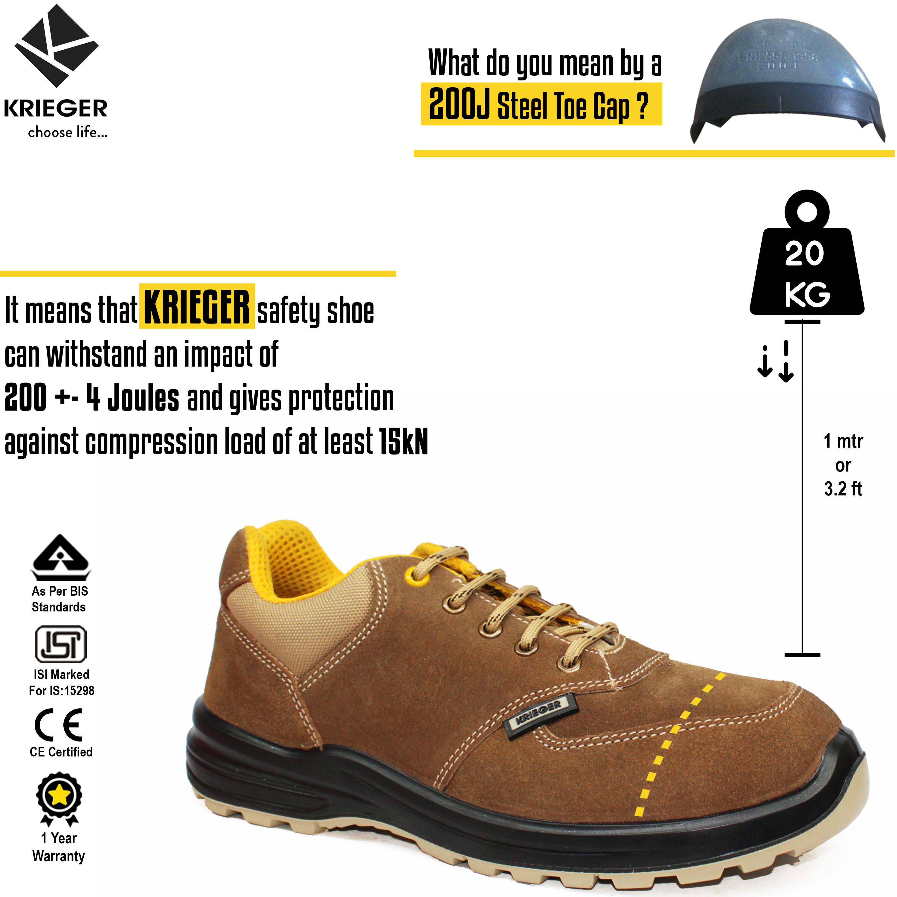 Krieger KR2003 Safety Shoe Sporty Look 200J Steel Toe Cap Double Density PU Sole ISI Marked