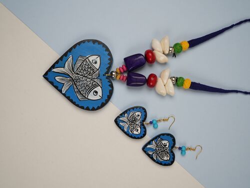 Heart Fish Wooden Handmade Nacklace With Earrings