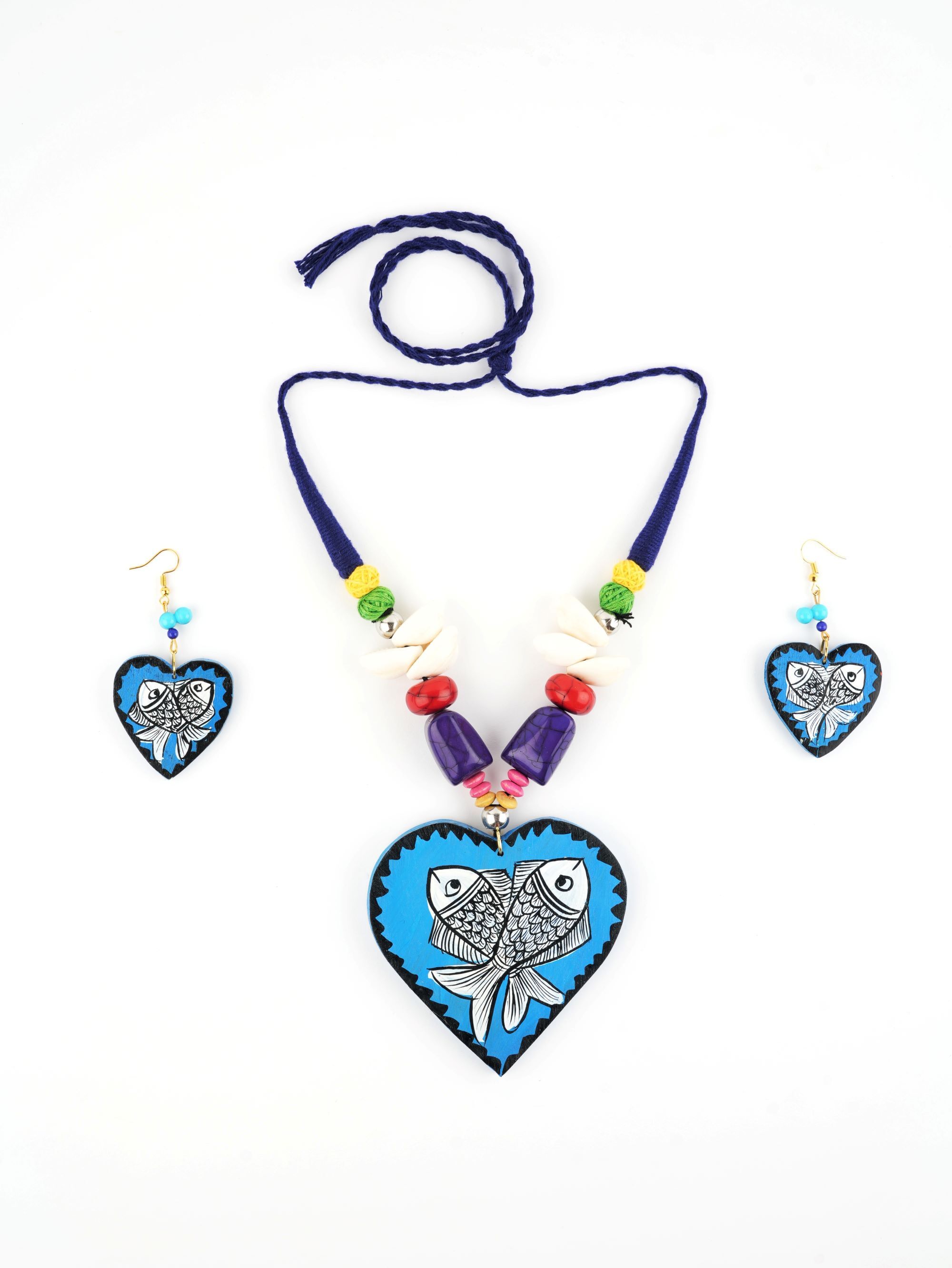 Heart Fish Wooden Handmade Nacklace With Earrings