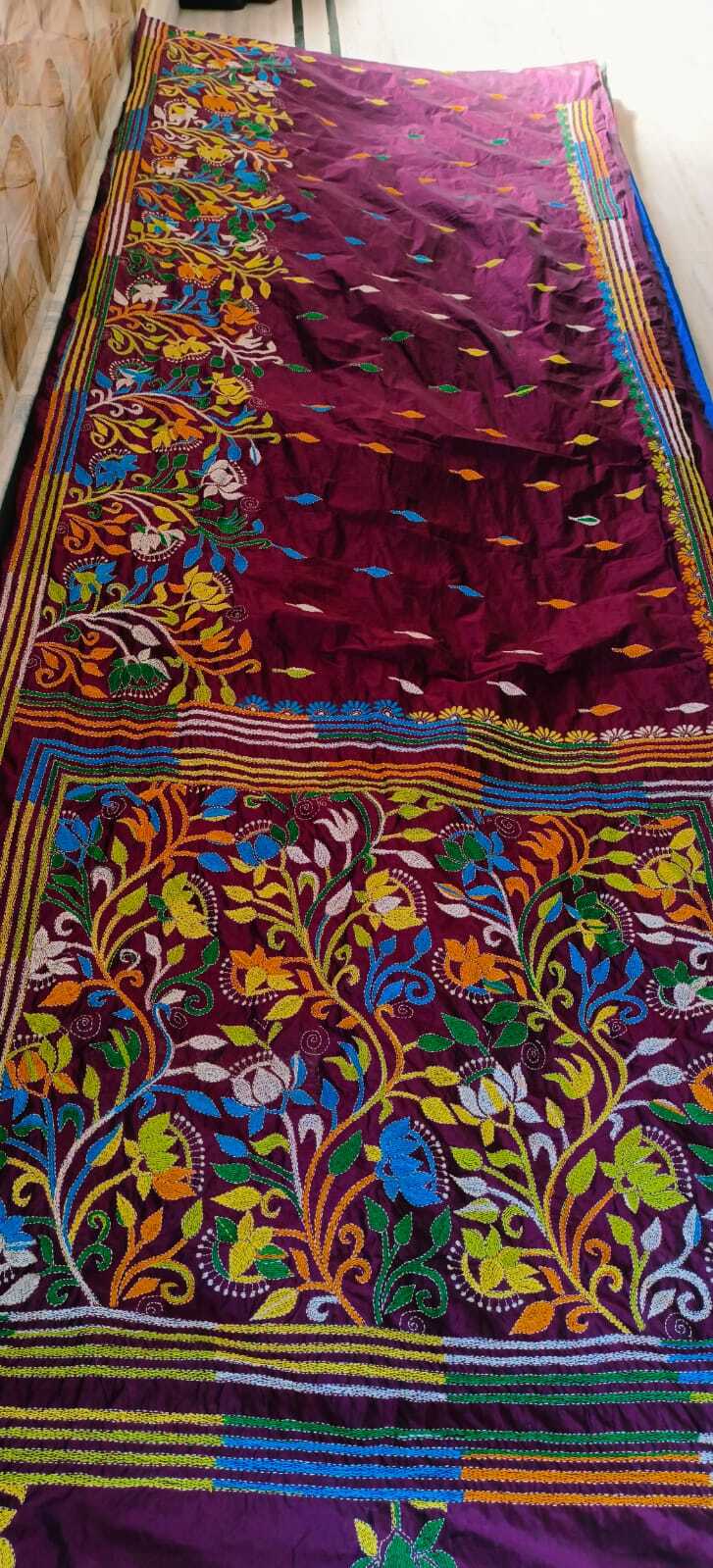 Kantha embroidery on blended Bangalore silk sarees