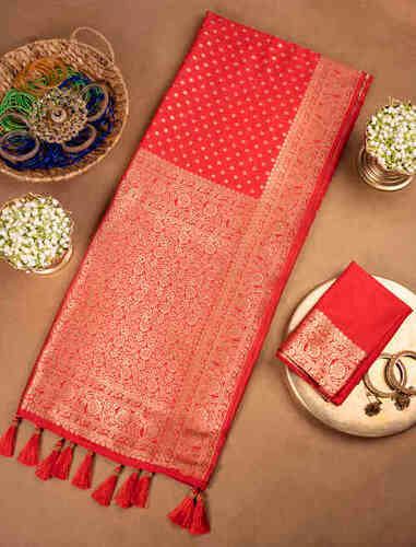 Red Jacquard Zari Silk Blend Saree