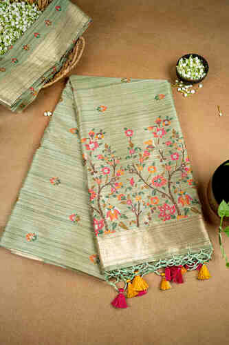 Mint Green Raw Silk Saree With Floral Weave Pallu