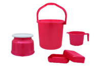 4 Pcs Plastic Bathroom Set For Home - Polypropylene, Big Size, Pink And Blue Gray Color, Rigid Round Design, Four-piece Printed Collection