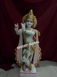 Marble Krishna Statue - Handcrafted Makrana Marble, 24 Inches Height, White Polished Finish, Traditional Indian Style, Washable Glossy Surface