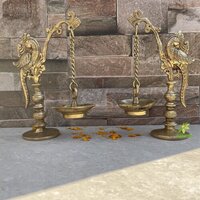 Peacock Diya Stand Brass Appam Deepam Brass Deepak For Temple Mandir Pooja Items - Color: Yellow