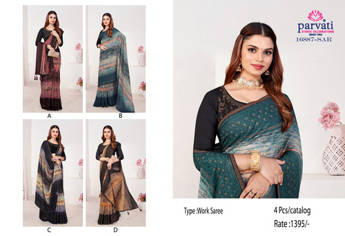 Georgette Chiffon Shiroshki Stone Work Saree-16887