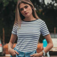 Ladies Striped T-shirt - 100% Cotton , Customized Sizes , O-neck Collar , Short Sleeves , Available In Various Colors