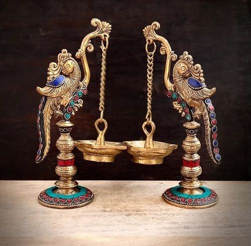 Stone Finish Peacock Diya Stand Brass Appam Deepam Brass Deepak for Temple Mandir Pooja Items Diwali Deepawali