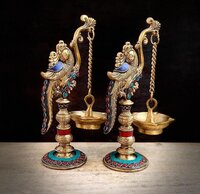 Stone Finish Peacock Diya Stand Brass Appam Deepam Brass Deepak for Temple Mandir Pooja Items Diwali Deepawali