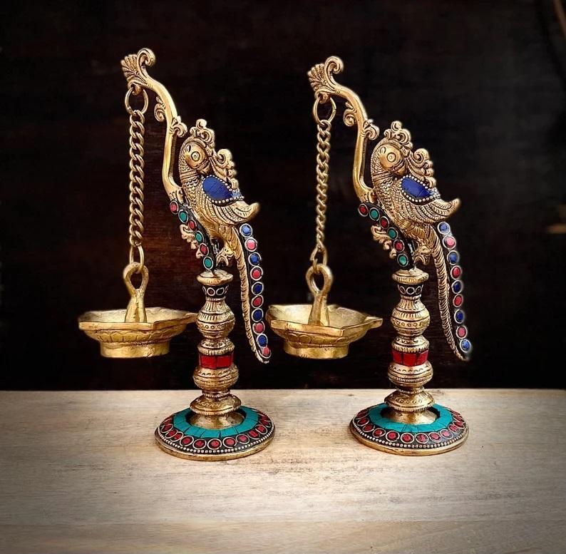 Stone Finish Peacock Diya Stand Brass Appam Deepam Brass Deepak for Temple Mandir Pooja Items Diwali Deepawali