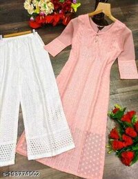Chikankari Kurti - Georgette Fabric, Free Size, Pink Color | Lightweight, Ethnic Style, Calf Length, 3/4 Sleeves, Chikankari Embroidery