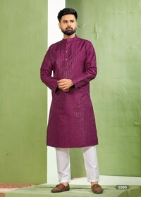 Party Wear Mens Kurta - Heavy Banglori Silk, Medium Size, Purple, Long Sleeve, Mandarin Collar | Comfortable, Stylish, Striped Design, Knee-length