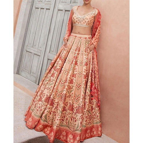 Multi Colored Mouch Satin Digital Print Lehenga Choli
