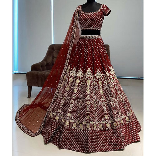 Dark Maroon Coloured Taffeta Silk Embridered Work Lehenga Choli