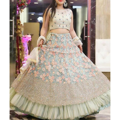 Butterfly Net Light Pista Green Ruffel Lehenga Choli