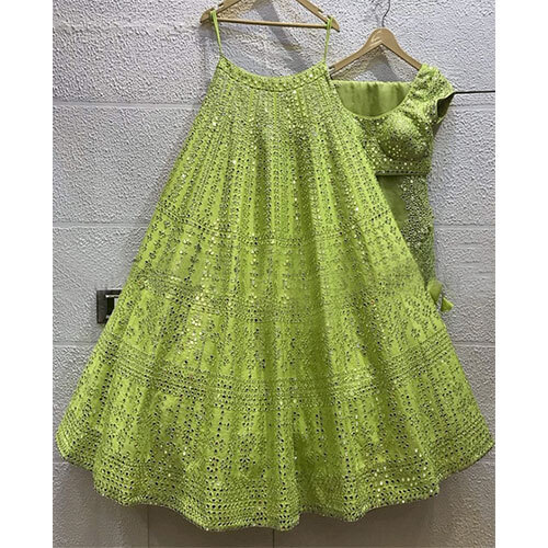 Lime Green Colored Viking Silk Mirror Work Lehenga Choli