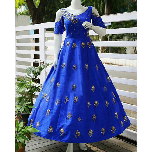 Heavenly Blue Taffeta Silk Fancy Hand Work Gown