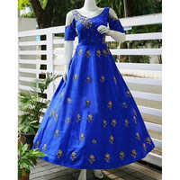 Polyester Heavenly Blue Taffeta Silk Fancy Hand Work Gown