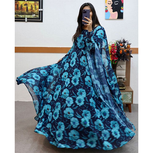 Indian Party Wear Blue Colored Faux Georgette Gown With Dupatta