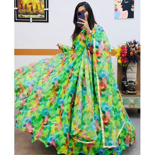 Party Wear Green Color Organza Printed Gown