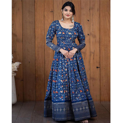 Blue Colored Patola Printed Rayon Gown