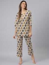 Women Night Suit - Cotton Print Kurta Pant Set , Multi-color Full Sleeves Design With Quick Dry And Water Proof Features