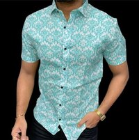 Fancy Mens Cotton Shirt - Polycotton, Size M, Green Color, Spread Collar, Short Sleeves, Button Closure, Floral Pattern, Breathable Fabric | Casual Summer Wear