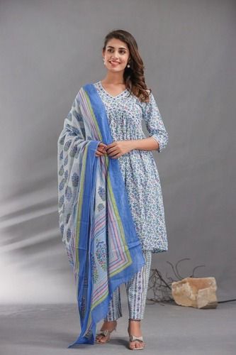 Blue Alia Cut Kurti Pant Set with Dupatta