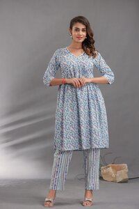 Blue Alia Cut Kurti Pant Set with Dupatta