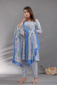 Blue Alia Cut Kurti Pant Set with Dupatta