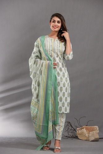 Green Kurti Pant Set With Dupatta