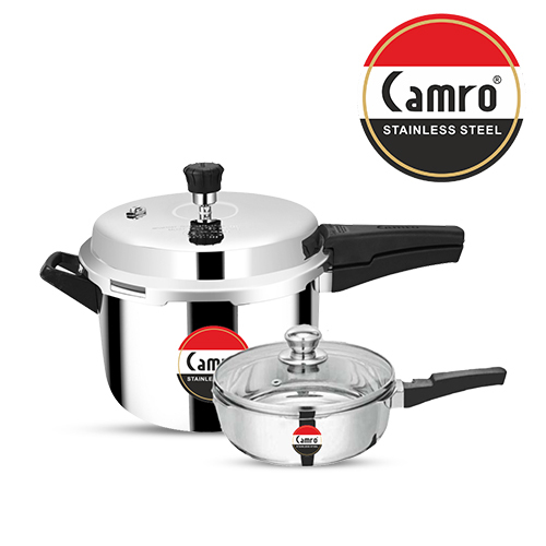 Camro Combo Pressure Cooker Junior Pressure Pan Common Lid (Set of 2 FREE Glass Lid) 5.5 L Induction Bottom Pressure Cooker  (Stainless Steel)