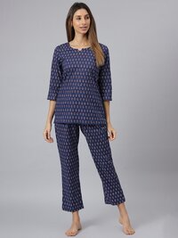 Women Night Suit - Cotton Fabric, Size Xs To Xl, Blue Color , Full Sleeves, Printed Pattern, Quick Dry, Washable, Waterproof